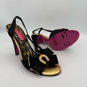Betsey Johnson Black Satin Slingback Pumps Bow Horseshoe Marilyn Monroe Sz 7.5